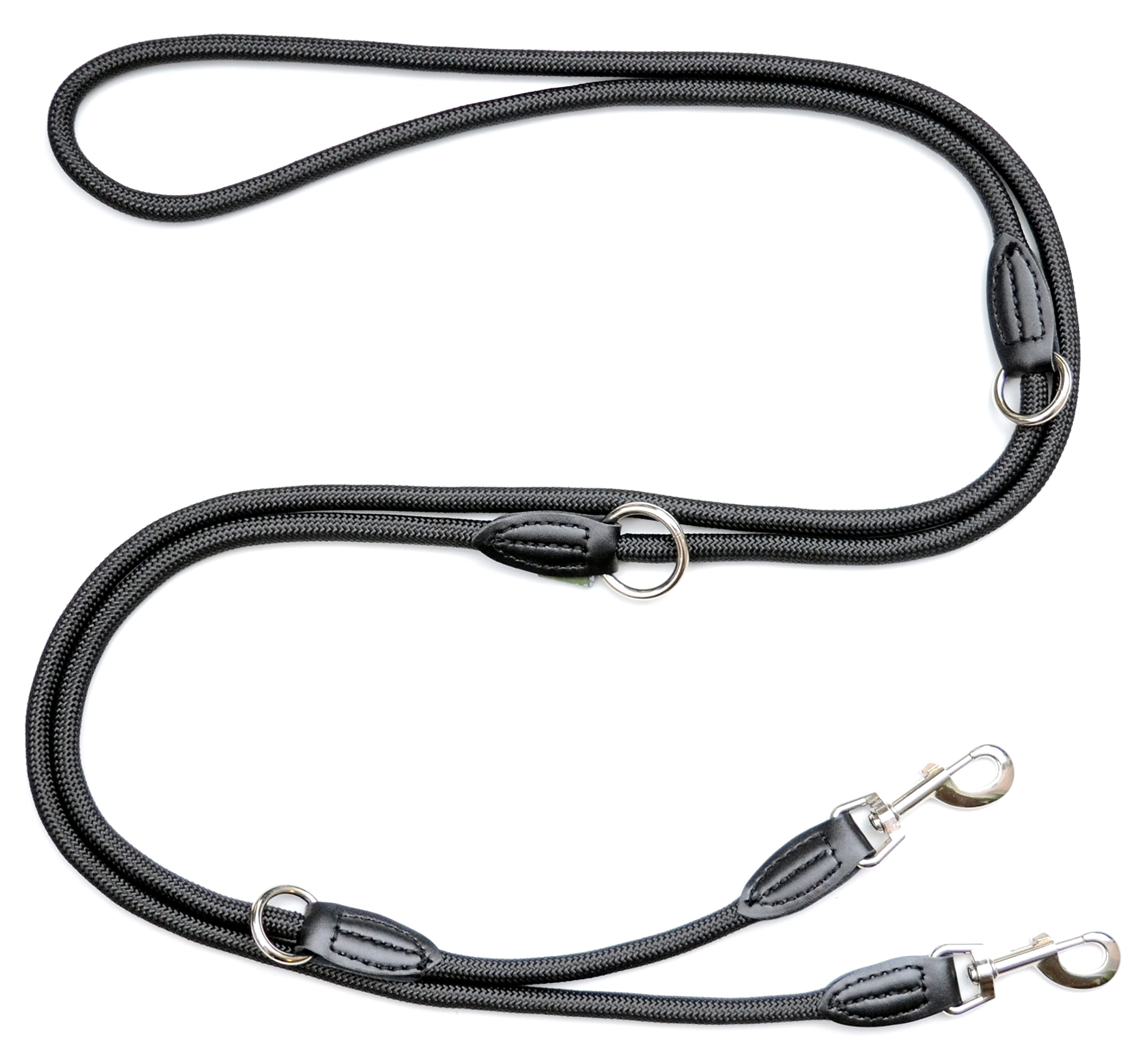 Leisegrün Verstellbare Hundeleine 3m - Robuste Nylon Doppelleine für mittelgroße bis große Hunde, 200kg Zugkraft, 2 Karabiner - Schwarz
