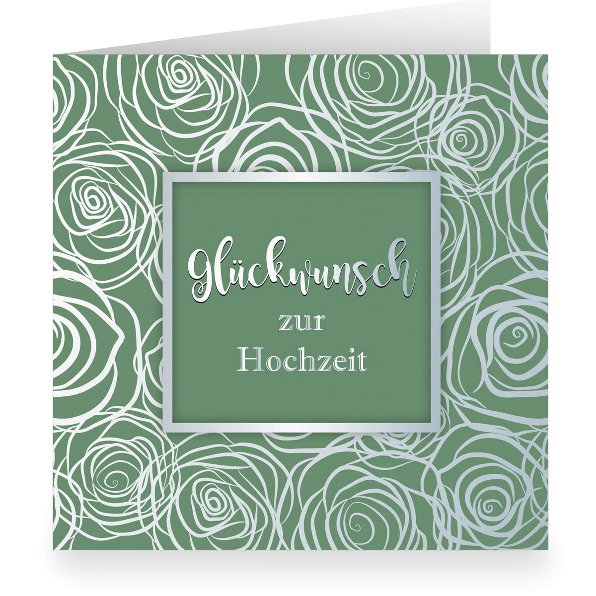 Kartenkaufrausch 24 x Grüne Hochzeitskarte mit Rosen Blüten modern üppig in Silber Optik innen weiß (quadratisch, 15,5x15,5cm mit Umschlag) Glückwunsch zur Hochzeit- große XL Karte für Familie