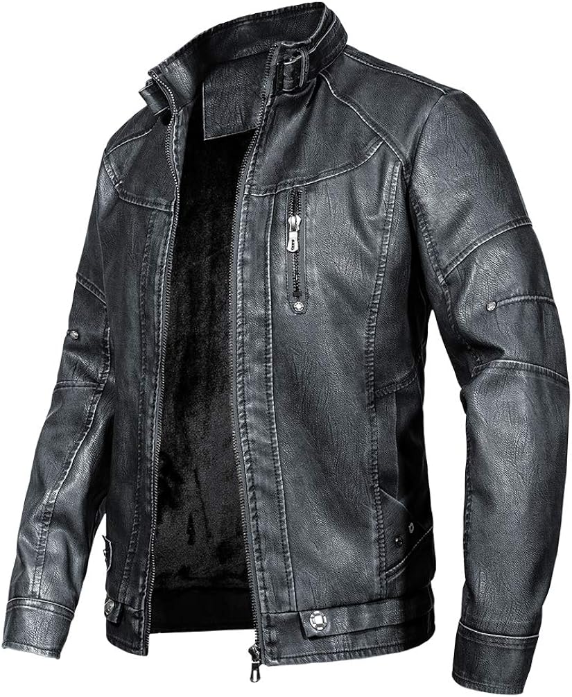 WULFUL Men's Vintage Stand Collar Leather Jacket Motorcycle PU Faux Leather Jacket Fleece Lined