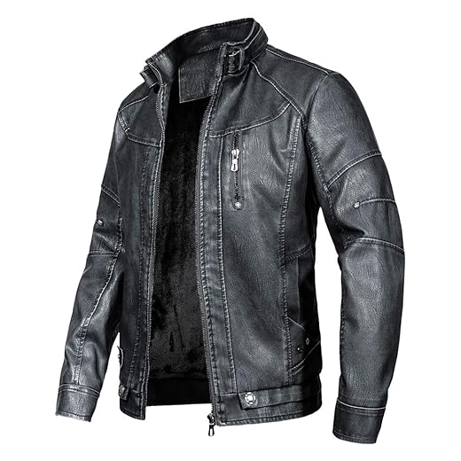 WULFUL Jaqueta masculina vintage de couro com gola alta, jaqueta e casaco de poliuretano para motociclista