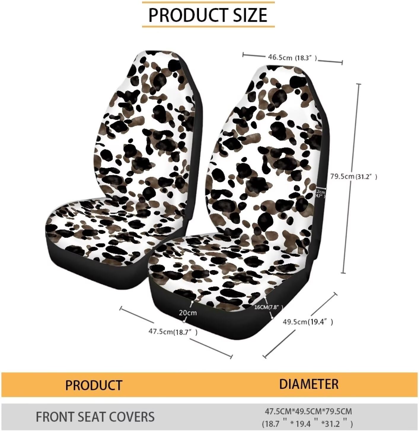 Black White Cow Universal Car Seat Covers Full Set 2 Piece Automotive Interior Accessories Flexible Elastic Front Car Seats Cushion Fits Most Cars SUV Van and Truck