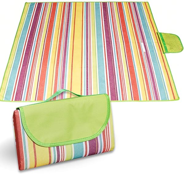 Telo impermeabile picnic 200x200cm,Manta tappeto pic nic Resistente Arena Humedad con Asa,Extra Grande Plegable y Portátil telo picnic grande para Parque Jardín Exterior Playa,Camping(Rayas Colores) - 1