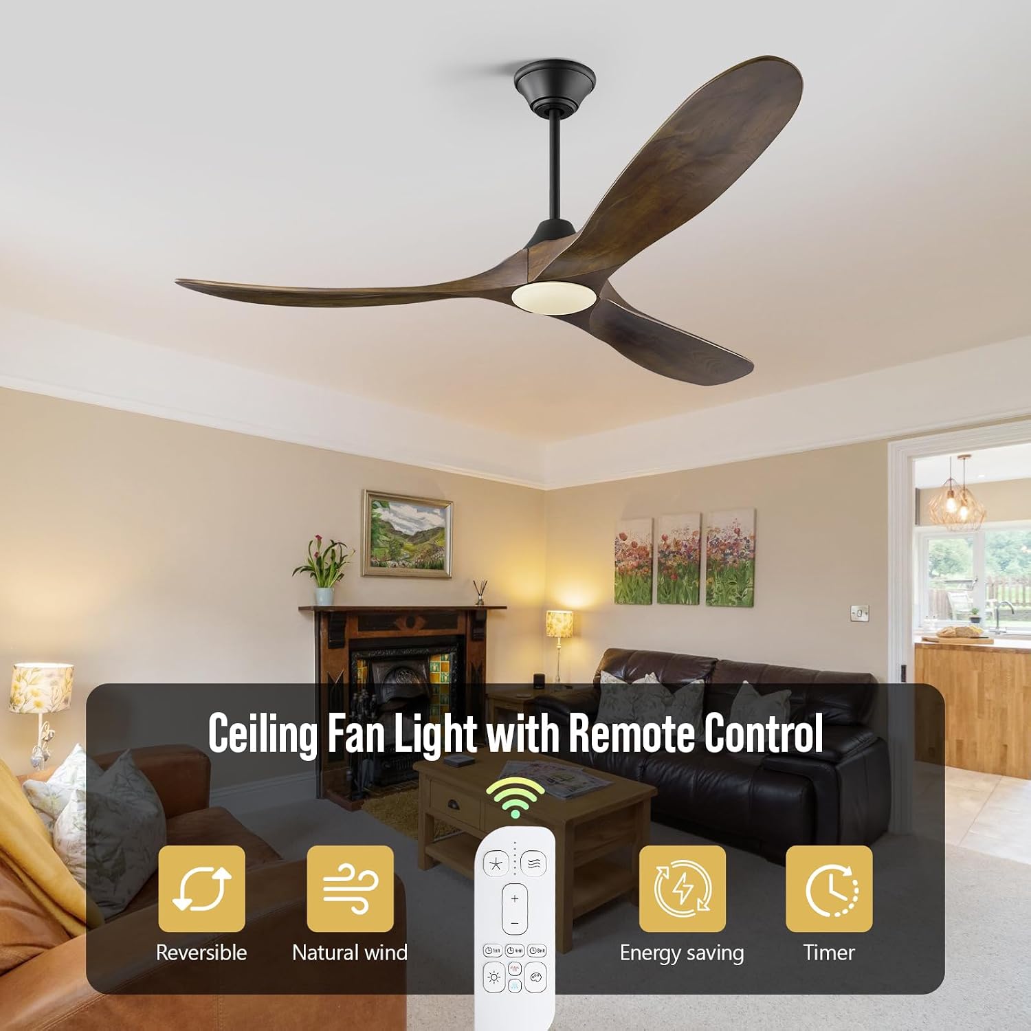 60 inch Wood Ceiling Fans with Lights and Remote, Rustic Walnut Outdoor Ceiling Fan for Patios, 3 Propeller Blades, Reversible DC Motor, Large Ceiling Fan for Living Room Exterior Porch