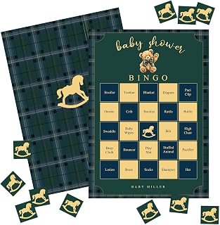 FYSUIMU 24 Pcs Green Blue Tartan Plaid Game Set 24 Players Bear Rocking Horse Baby Shower Bingo Game with Stickers for Family Friends New Born Parents Group Activities