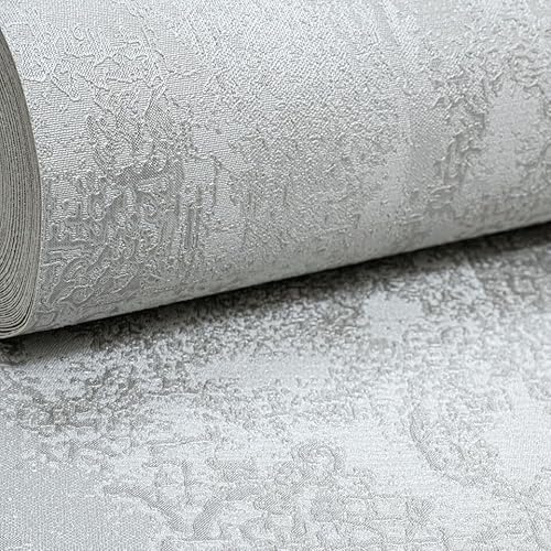 SOPHIE LAURENCE Luxury Grey Silver Damask Textured 10 X 0.53 M Wallpaper Roll Italian Vinyl, Peelable, Modern Design Wallpaper