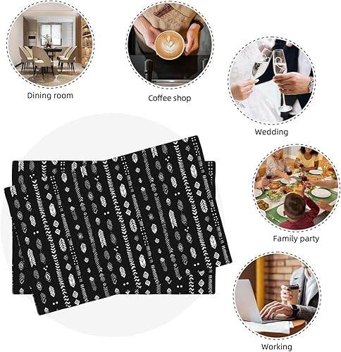 Miniatura 7 de Dining Table Placemats Set of 4-12x18 Inch Retro White Black Feathers Print Faux Linen Double Heat Resistant Place Mats, Kitchen Table Mats,