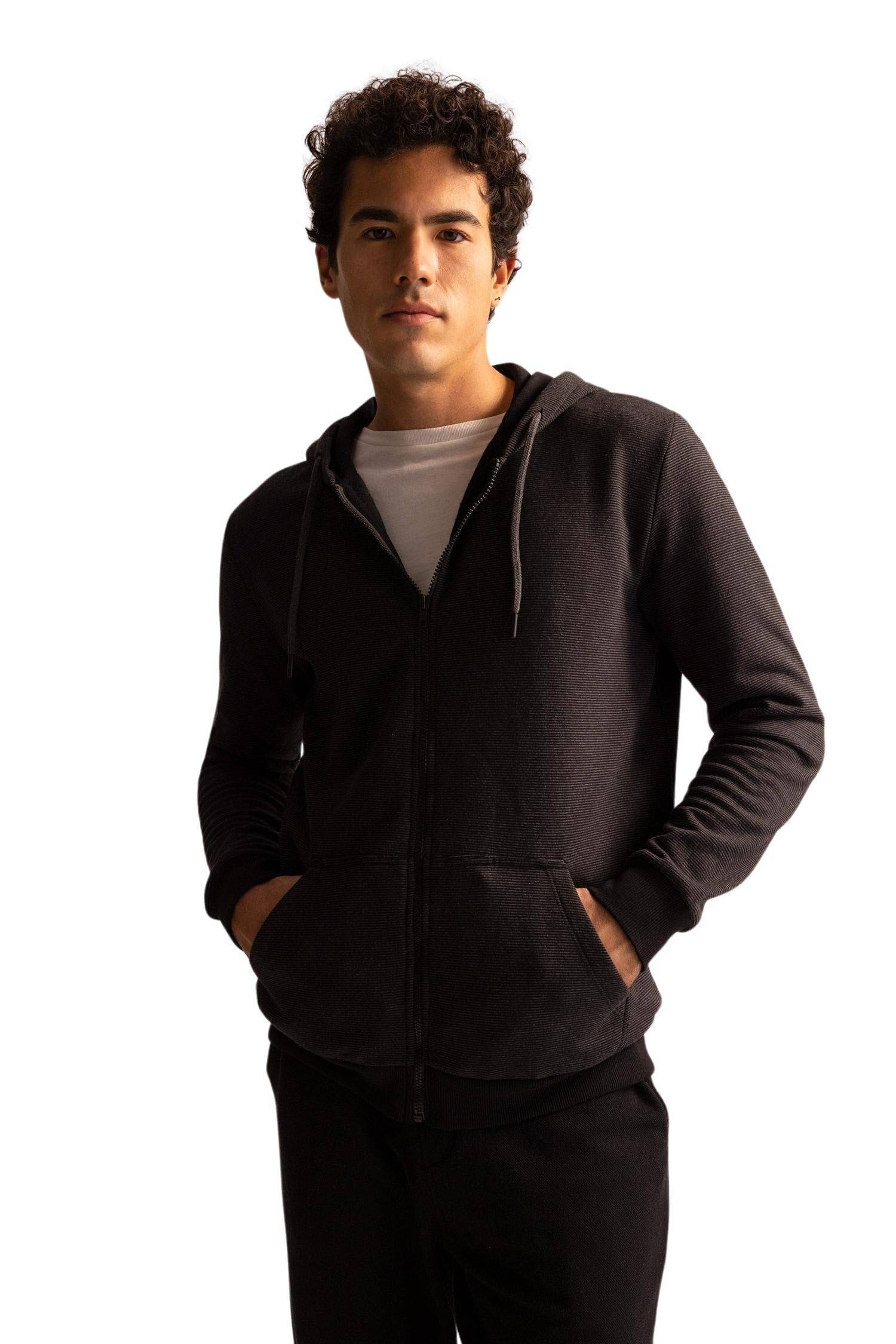 DeFacto Slim Fit Kapüşonlu Fermuarlı Uzun Kollu İçi Yumuşak Tüylü Hırka