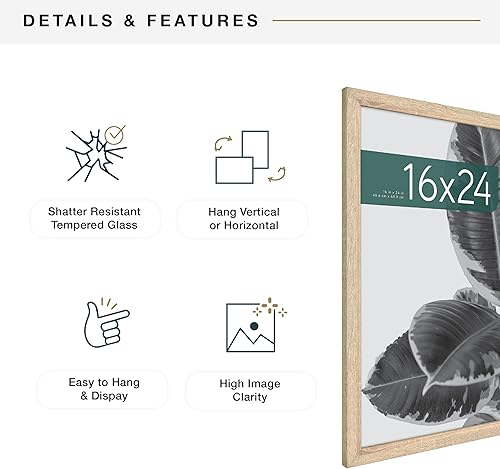 Miniatura 6 de MCS Studio Gallery Marco para póster de 16 x 24 pulgadas, imitación de veta de madera natural, colgar en horizontal o vertical, grande, para fotos o