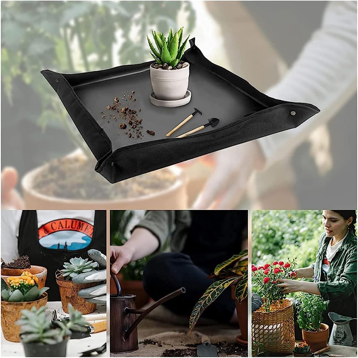 Tappetino per rinvasare le piante, 1 pezzo, mini attrezzi da giardino impermeabile, per la cura delle piante da giardino, con 13 strumenti per piante grasse, 100 x 100 cm