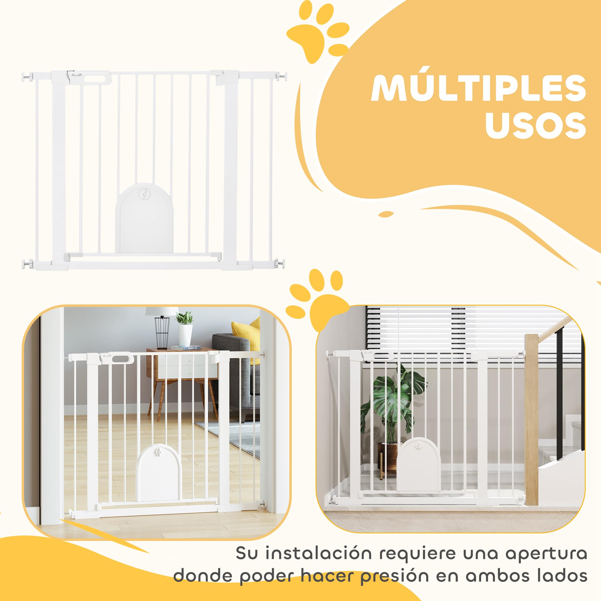 PawHut Barrera de Seguridad para Perros Mascotas 75-103 cm para Escaleras y Puertas con 2 Extensiones Cierre Automático y Sistema de Doble Bloqueo Blanco