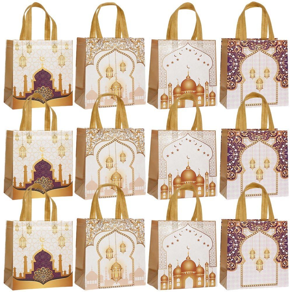 Dinntty 12pcs Eid Mubarak Gift Bag, Ramadan Mubarak Tote Bags Non-woven Candy Packaging Bag for Ramadan Muslim Festival Party Supplies