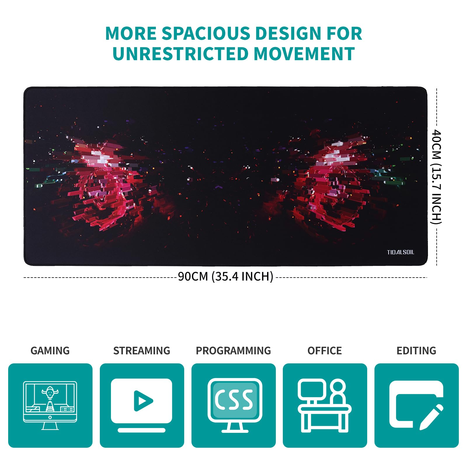 TIDALSOIL Alfombrilla de mouse grande para juegos de 35.4 x 15.7 pulgadas, almohadilla de escritorio extendida de gran tamaño con base antideslizante, bordes cosidos, superficie lisa para teclado,