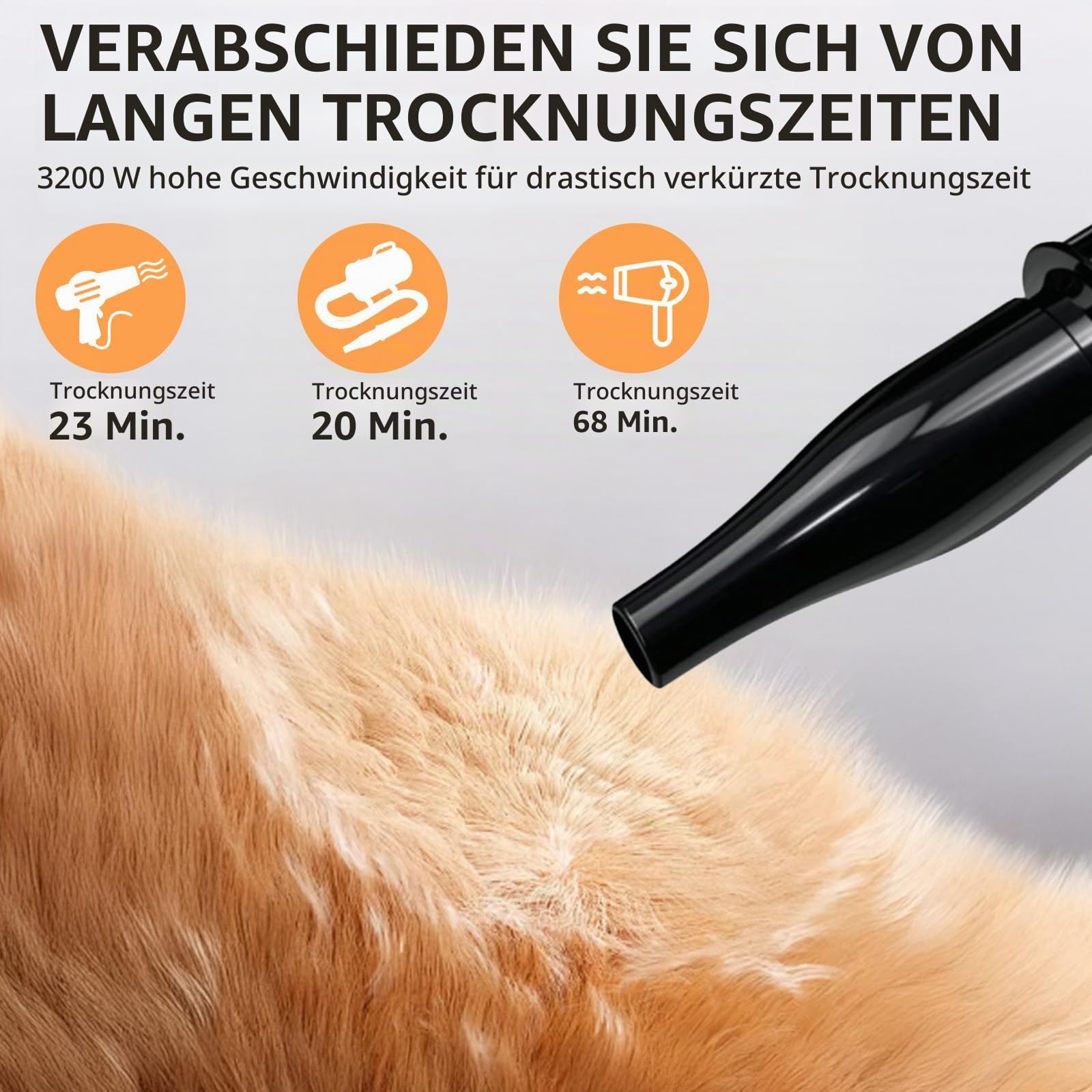 3200W Hundefön Blower Sehr Leise - Pet Dryer Hundetrockner Blower mit Einstellbarer Windgeschwindigkeit und Temperaturen, 4 Verschiedenen Düsen Elastischem Schlauch und Pflegebürst