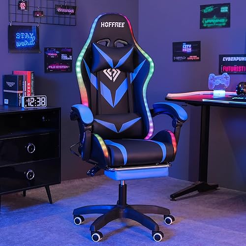 Silla de juegos con masaje y luces LED, sillas ergonómicas de videojuegos con reposapiés, respaldo alto, silla reclinable para computadora con