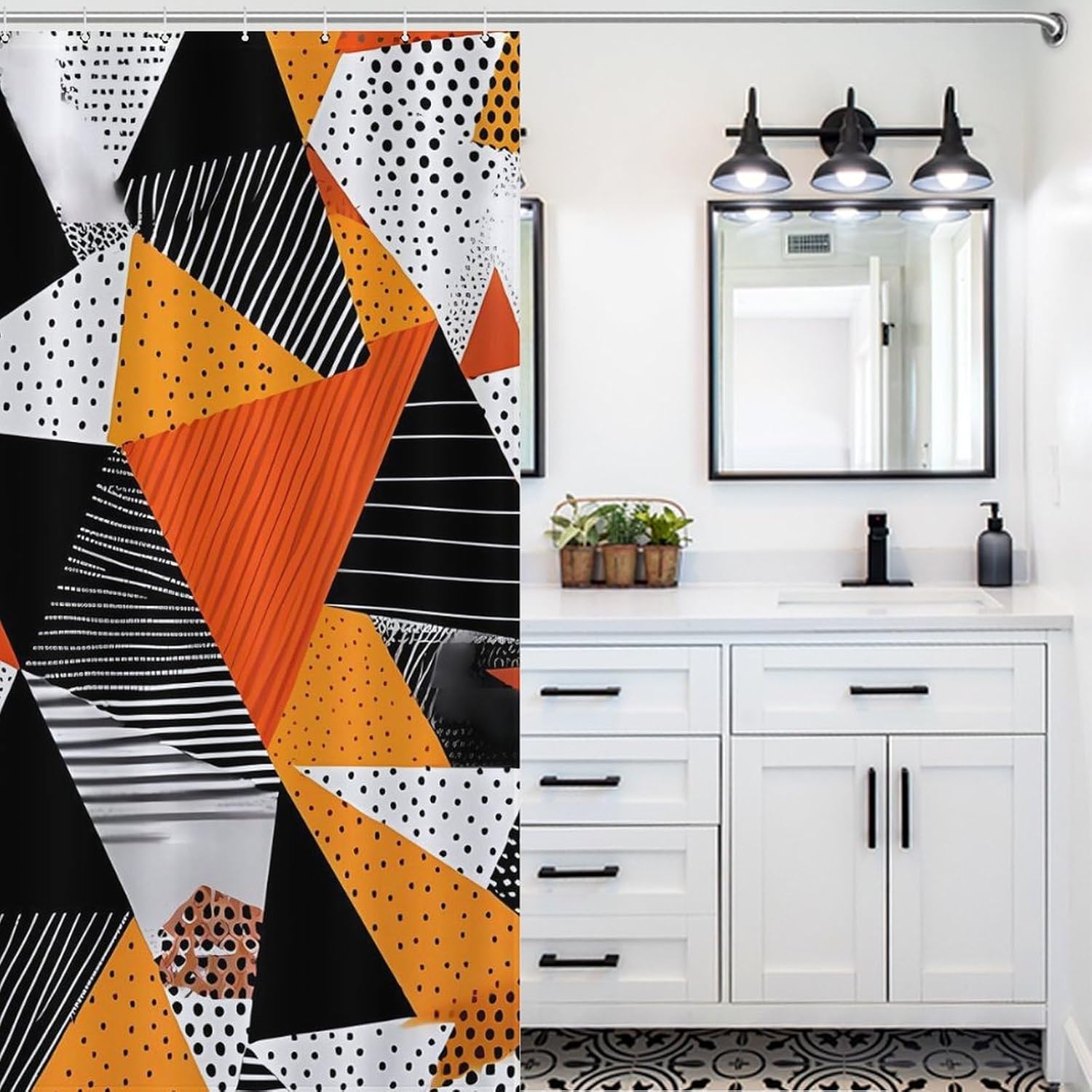 Contrasting Colors in Polygonal Artwork Funny Shower Curtains Washable Bath Curtain Liner with Hooks for Bathroom Bath Tubs