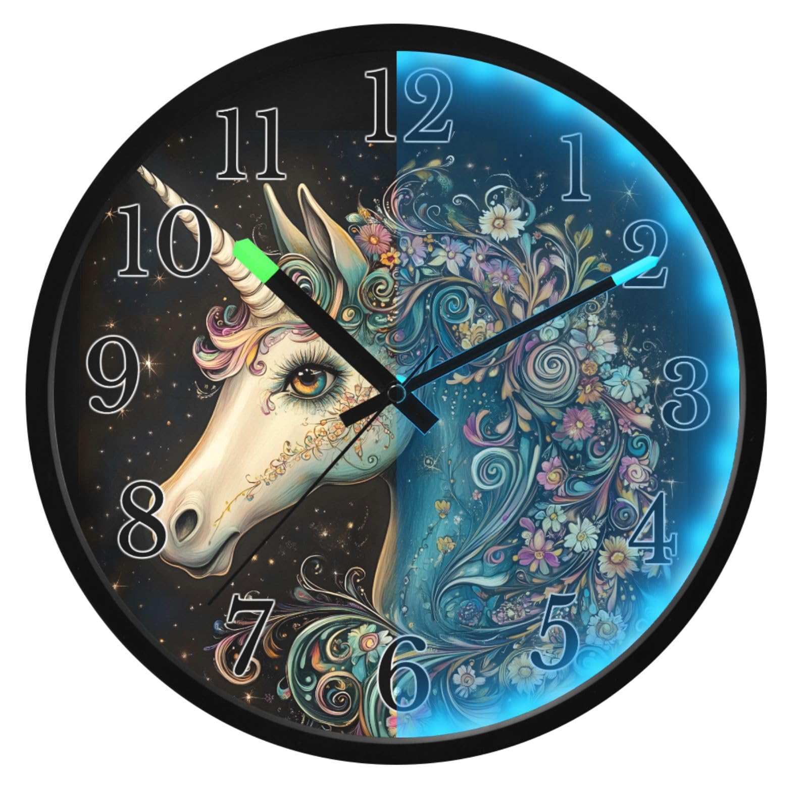 Mnsruu Reloj de pared luminoso con diseño de unicornio y flor de caballo, funciona con pilas, reloj silencioso que brilla en la oscuridad para sala de estar y cocina, 30,5 cm