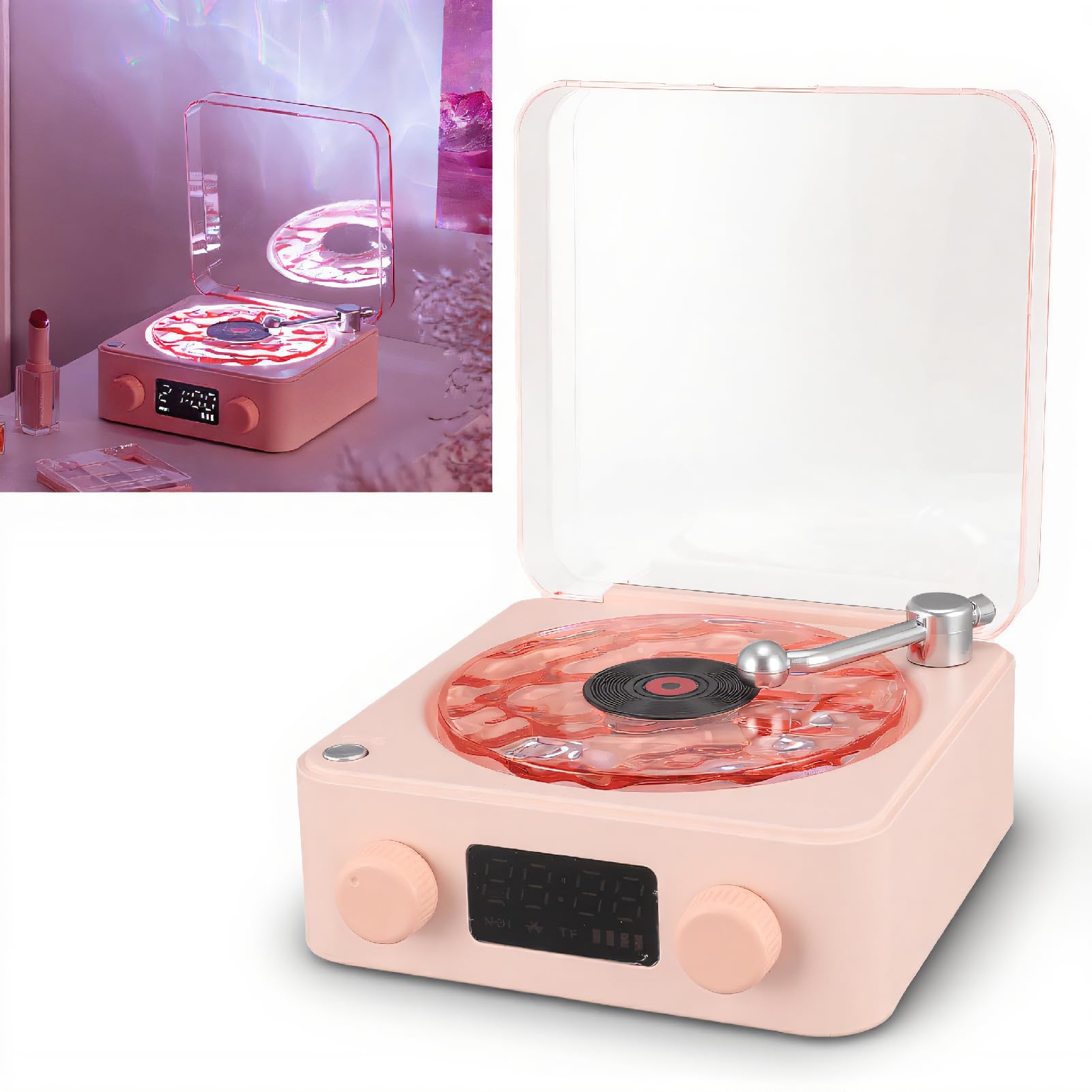 Annadue Record Player Style Speaker, 3 in 1 Multifunction Small Stereo Speaker with Night Light and Time Display. (Roseate)