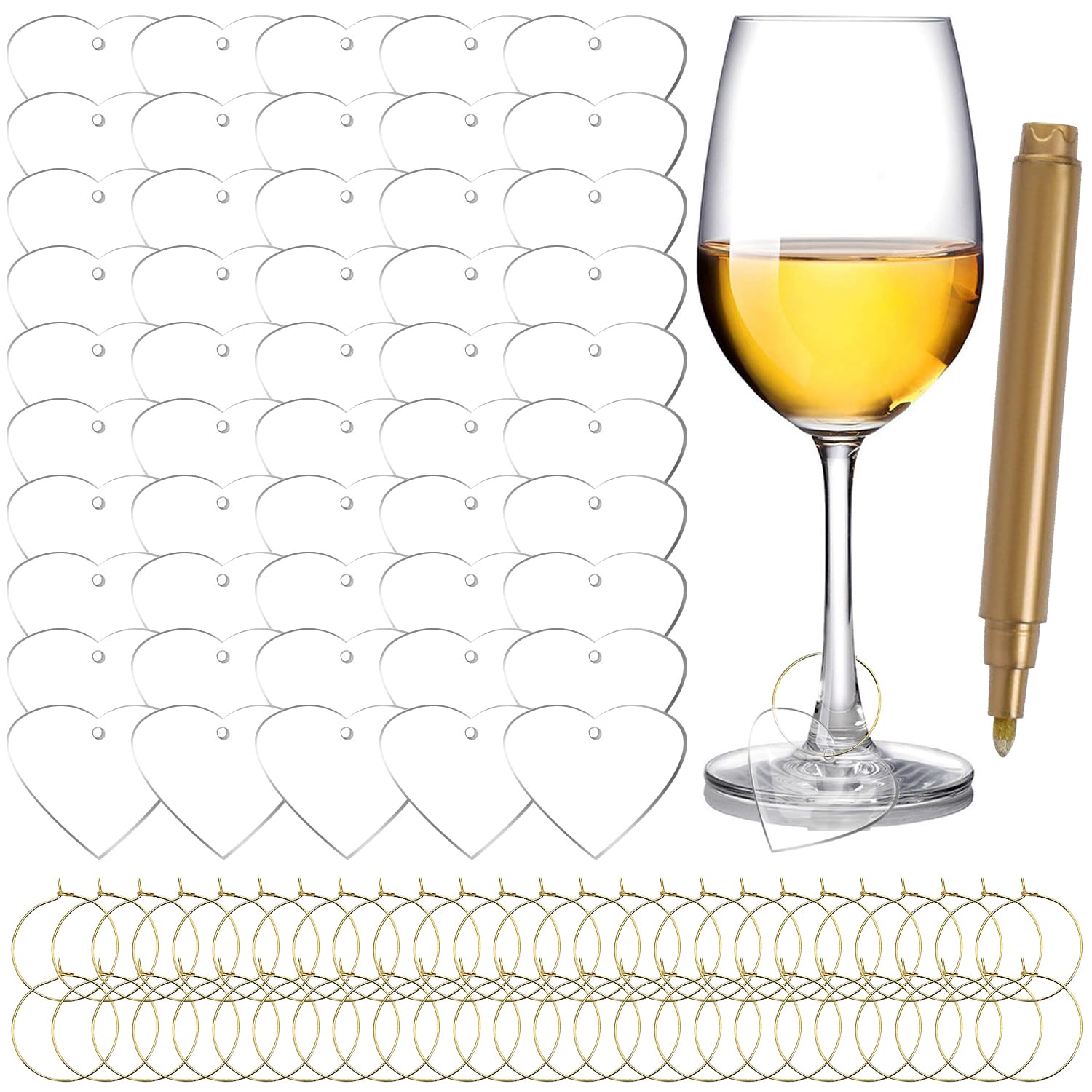 MaehSab 50 Pcs Wine Glass Charms Tags with 1 Marker Pen, DIY Acrylic Drink Markers, Heart Shape Name Tags for Champagne Flutes Cocktails Martinis Wine Stem Glass Bar Party