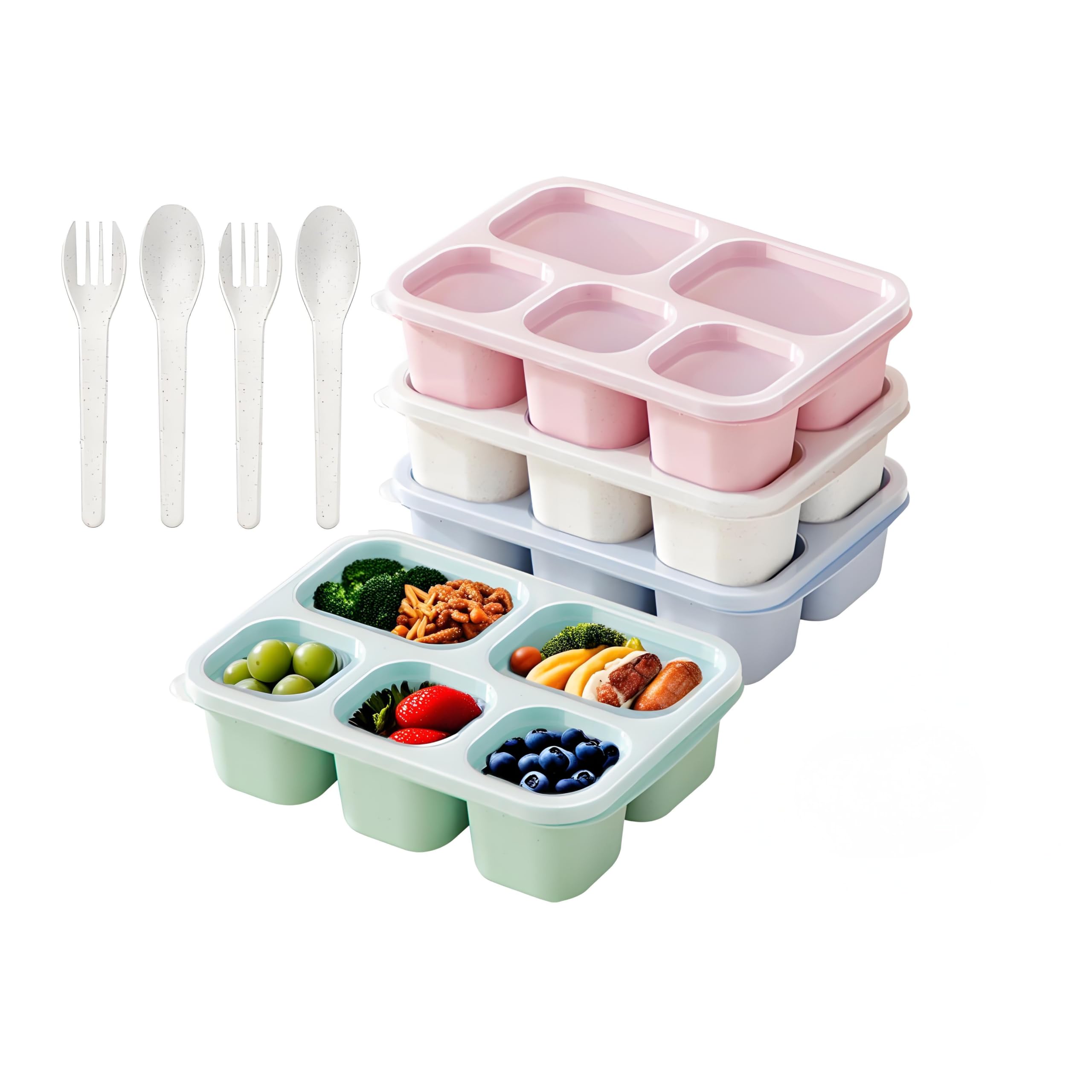 Hushtong Snack Box Containers for Adults?4 Pack Bento Lunch Box for Adult & Kids, 5 Compartment Adult Lunchable Containers with Utensils & Transparent Lids(Wheat)