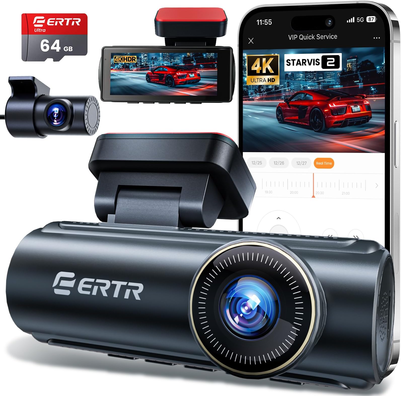 4K Dash Cam Front and Rear, 5GHz WiFi Dashcam with 64GB SD Card,4K+1080P Dual Car Dash Camera, Full HD Dash Cam with APP Control, G-Sensor, WDR, Loop Recording Easy Setup