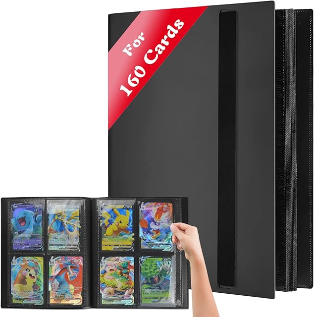 JUSONEY Trading Card Album - 160 Pockets Card Binder 20 Pages Pro 4 Pocket with Waterproof Black Book Cover, Perfect for Collecting Cards for MTG Magic, Yu-Gi-Oh, Match Atta