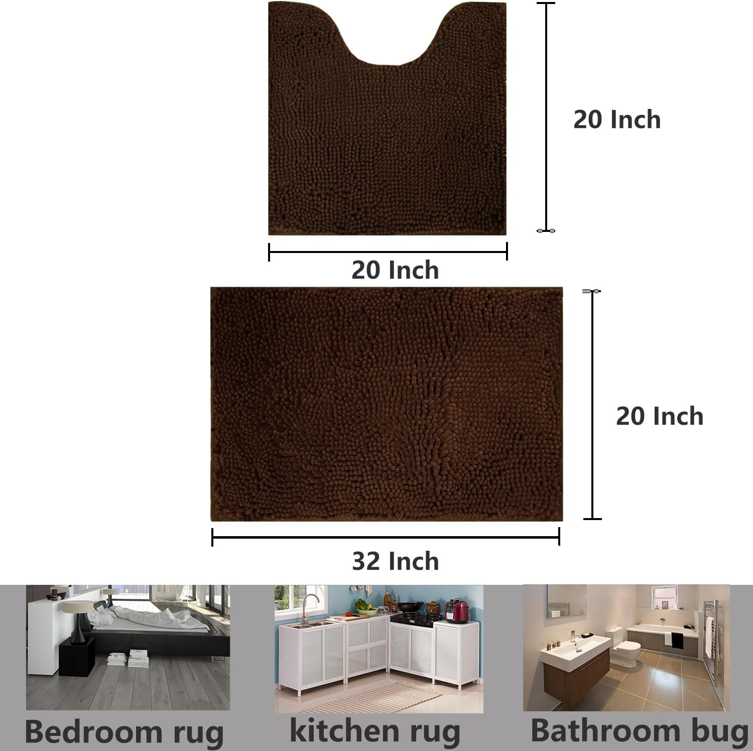 Bathroom Rugs Chenille, Extra Thick and Absorbent, Non-Slip, Machine Washable, Dry Quckily, Soft Cozy Plush, Used Under Shower Bathtub and Sink, Bath Mat Sets Coffee