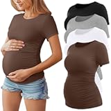 Huukeay 4 Pack Women&apos;s Maternity Shirts&comma; Crew Neck Maternity Top Short Sleeve Casual Cotton Tee Side Ruched Pregnancy Clothes