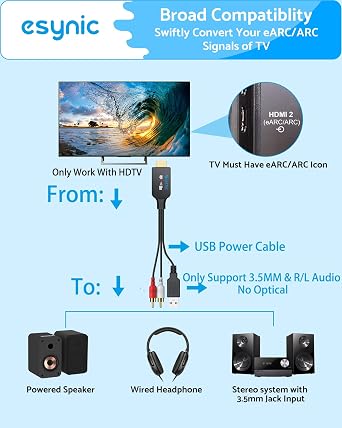 eSynic 192KHZ ARC/eARC Audio Extractor-from HDTV to L/R Stereo Audio System