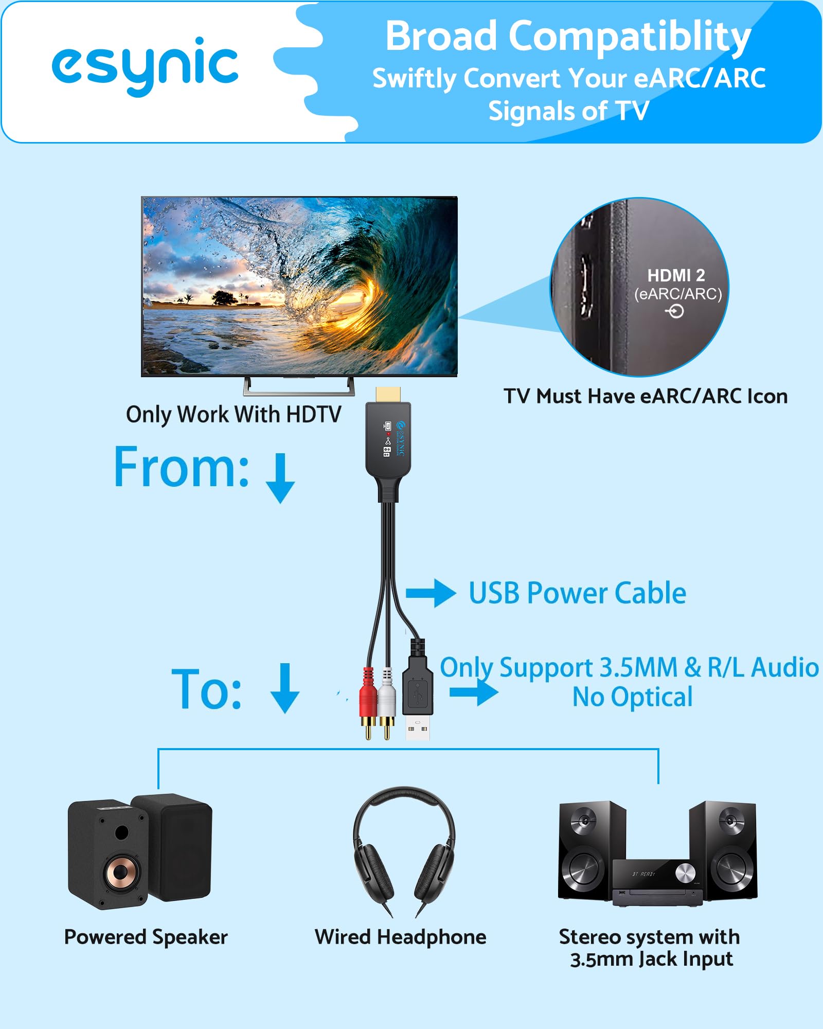 eSynic eARC/ARC na cinch kabel audio adapter HDMI do analogowego stereo L/R 192 kHz PCM CEC regulacja głośności, pilot TV do aktywnych głośników i wzmacniacza, tylko PCM Stereo