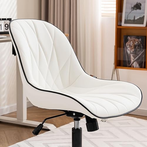 Miniatura 7 de Rowill Silla de oficina moderna, silla de escritorio ergonómica de cuero giratoria con respaldo curvo, altura ajustable con ruedas, perfecta para