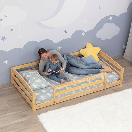 Ocodile Twin Floor Bed with Safety Guardrails for Kids, Montessori Inspired with Rails and 2 Openings, Twin Size Bed Frame for Girls and Boys - Varnished