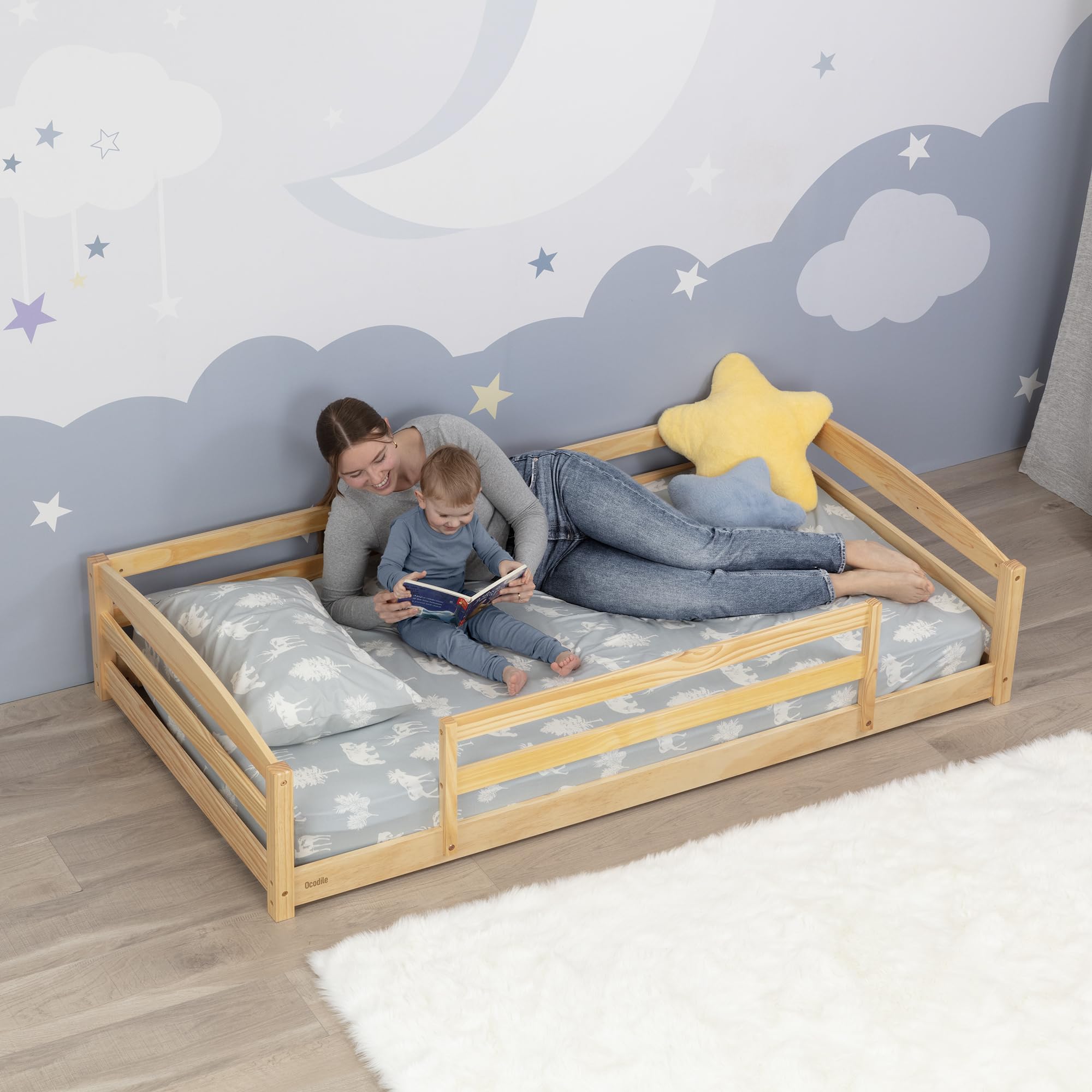 Ocodile Twin Floor Bed with Safety Guardrails for Kids, Montessori Inspired with Rails and 2 Openings, Twin Size Bed Frame for Girls and Boys - Varnished
