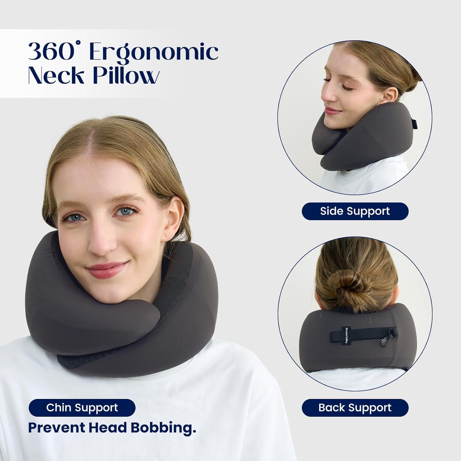 Dream Valley® Neck Travel Pillow, Memory Foam Travel Pillow for Airplane, Portable Roll-Up Neck Pillow with Cooling Inner Fabric, 360° Ergonomic Support, No Head Bobbing, Travel Bag Included