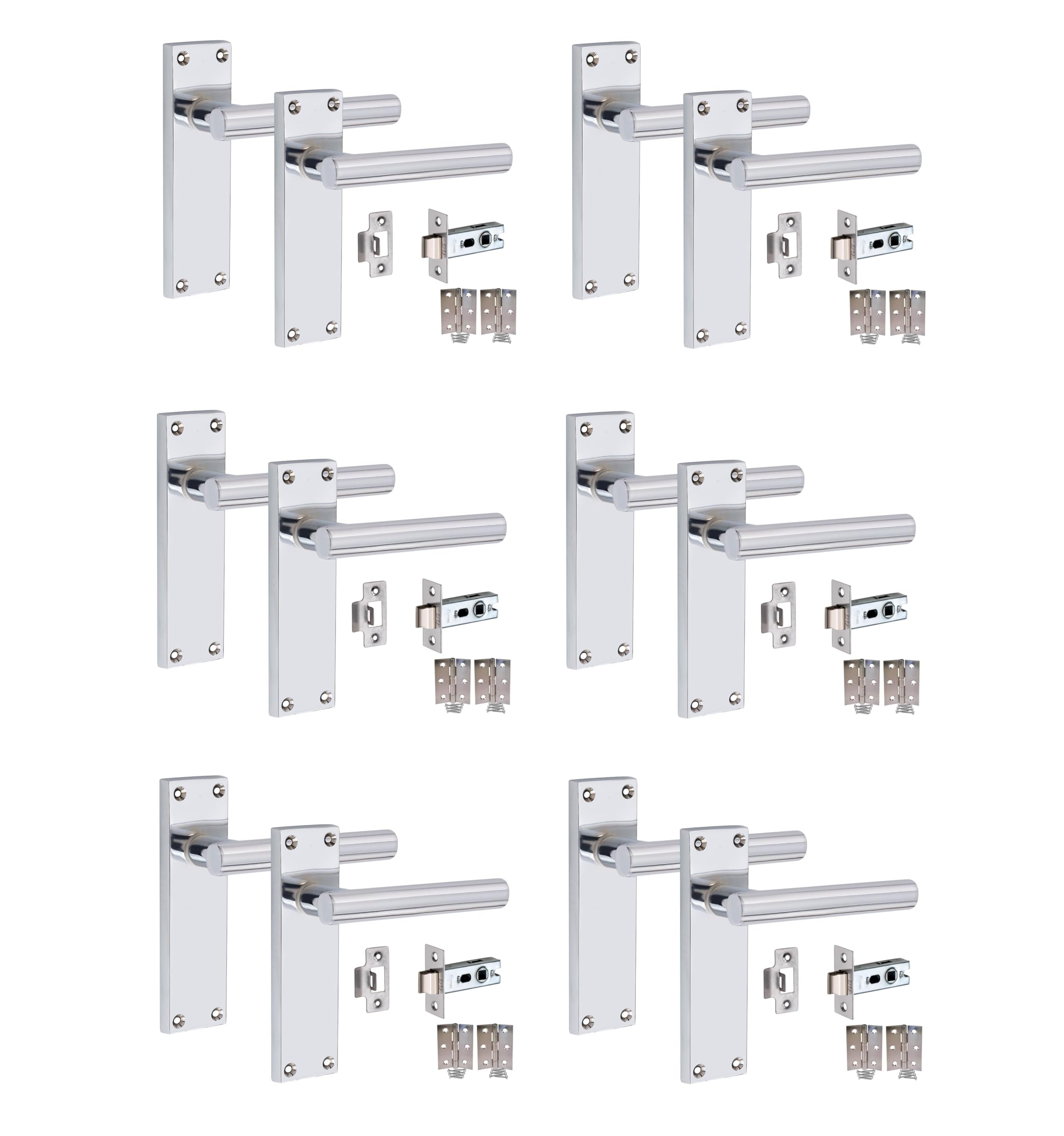 Golden Grace Victorian Straight T-Bar Door Handles Latch in Polished Chrome Finish with 1 Pair of 3" Standard Butt Hinges & Latches Pack, 6 Sets - 150mm x 40mm Backplate