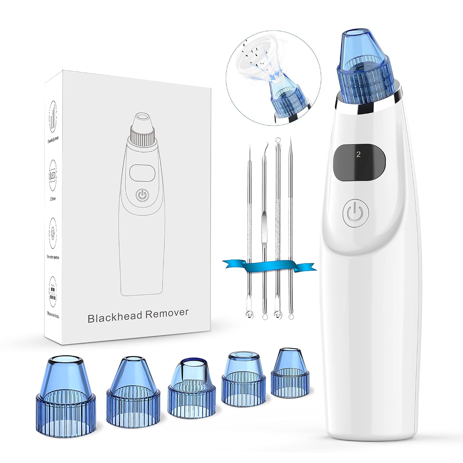 Blackhead Remover Pore Vacuum - Upgraded Electric Pore Cleaner Blackhead Removal Tool with 5 Adjustable Suction Power and 4 Suction Probes, USB Rechargeable Pore Vacuum Removal for Whitehead (White)