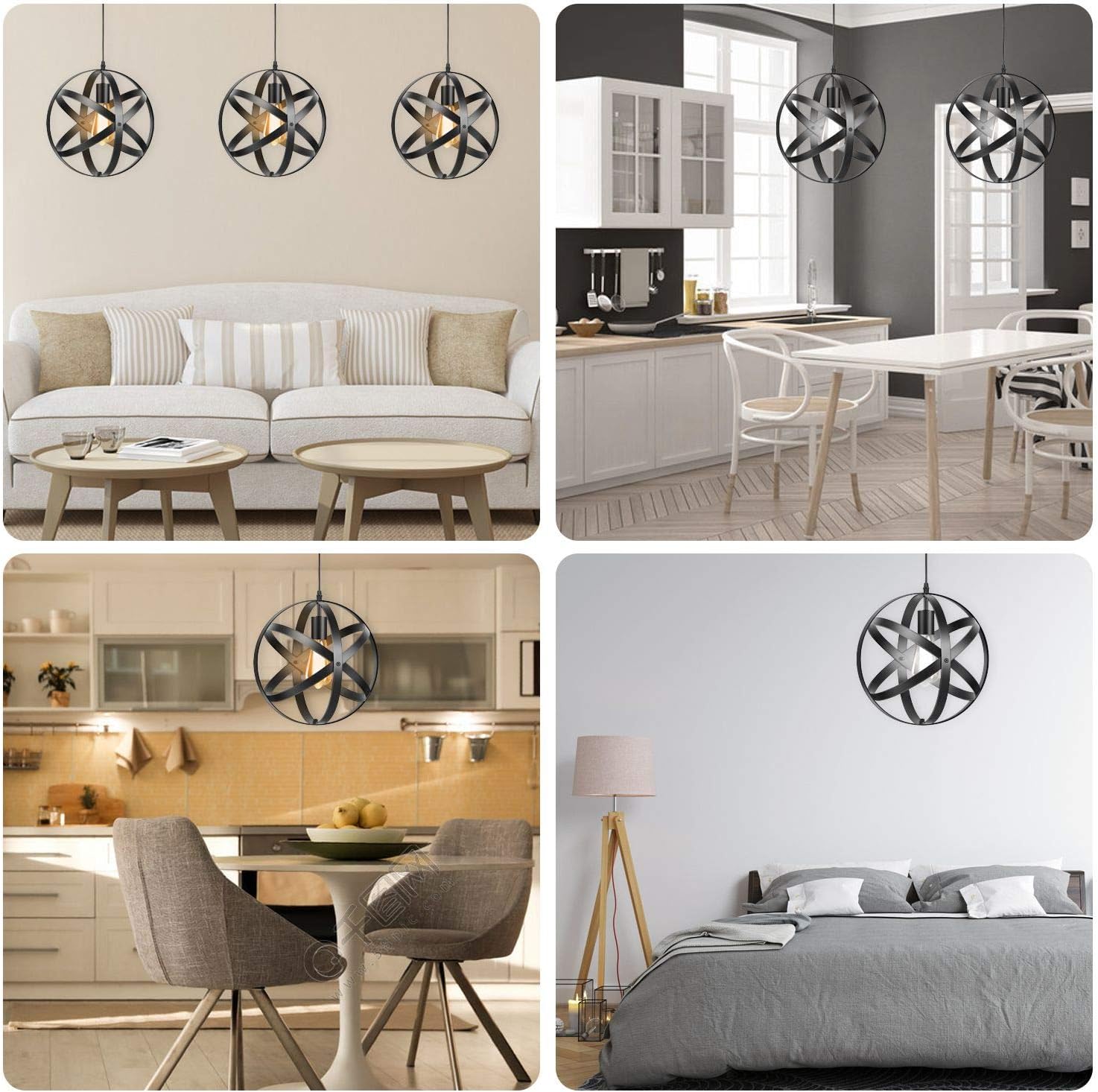 Industrial Metal Pendant Light, Spherical Cage Pendant Light Black, Farmhouse Globe Chandelier Vintage Hanging Ceiling Light Fixture for Kitchen Island Dining Room Farmhouse Entryway Foyer Hallway - - 