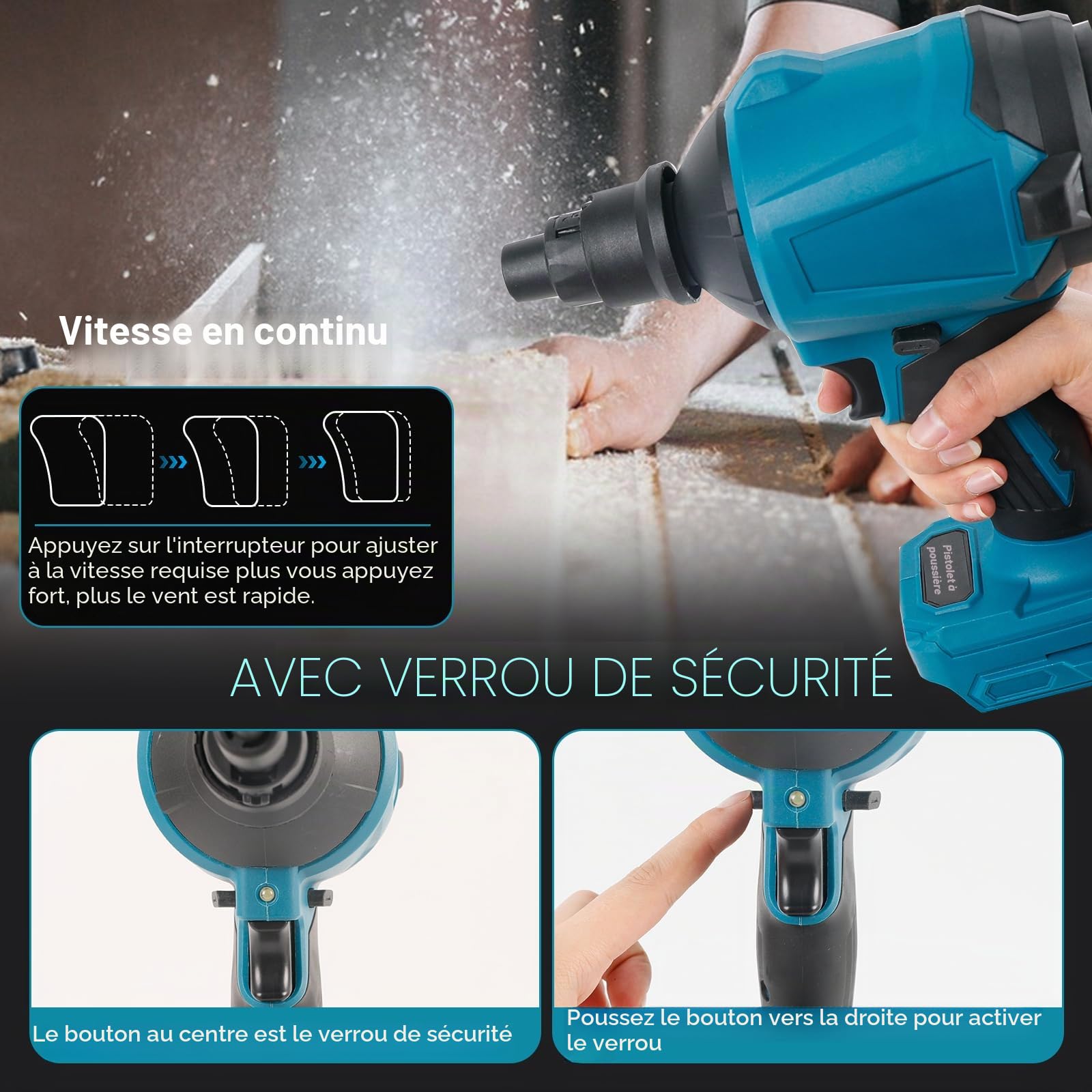 Souffleur à poussière sans Fil pour Makita 18 V, Vitesse Variable 1 000 W, dépoussiéreur à air comprimé portatif avec lumière LED et 8 Buses, 40 000 TR/Min pour garages ateliers (Pas de Batterie)