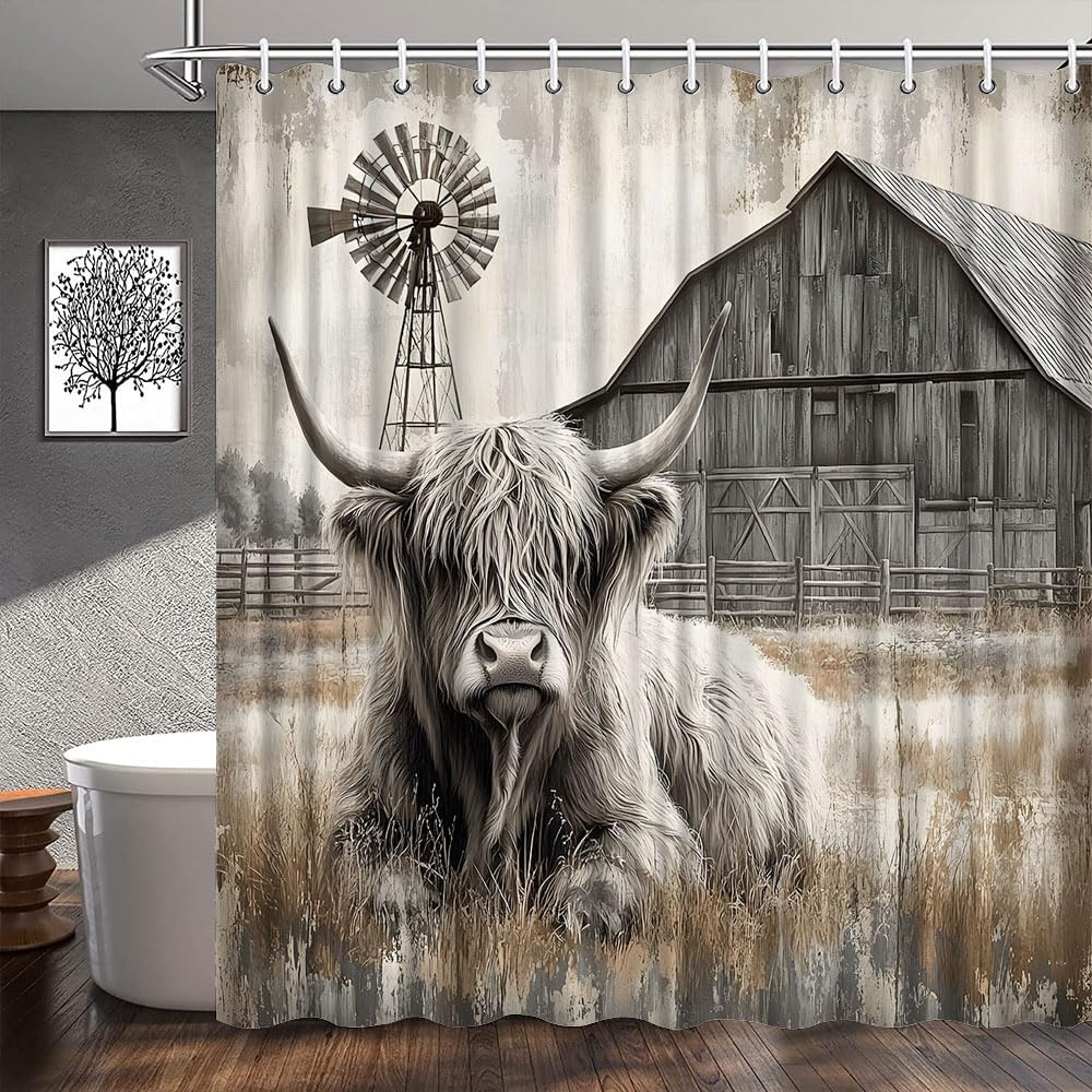 Farmhouse Highland Cow Shower Curtain Rustic Funny Cattle Wildlife Vintage Windmill Barn Western Country Animal Bathroom Decor Polyester Fabric Curtains with Hook 80Wx70H Inches