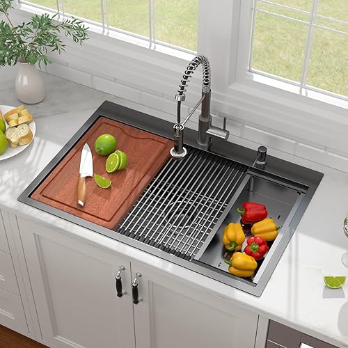 Miniatura 9 de Fregadero de cocina de 33 x 22 pulgadas, con caída en la parte superior, acero inoxidable calibre 16, esquina redonda, fregadero de cocina y