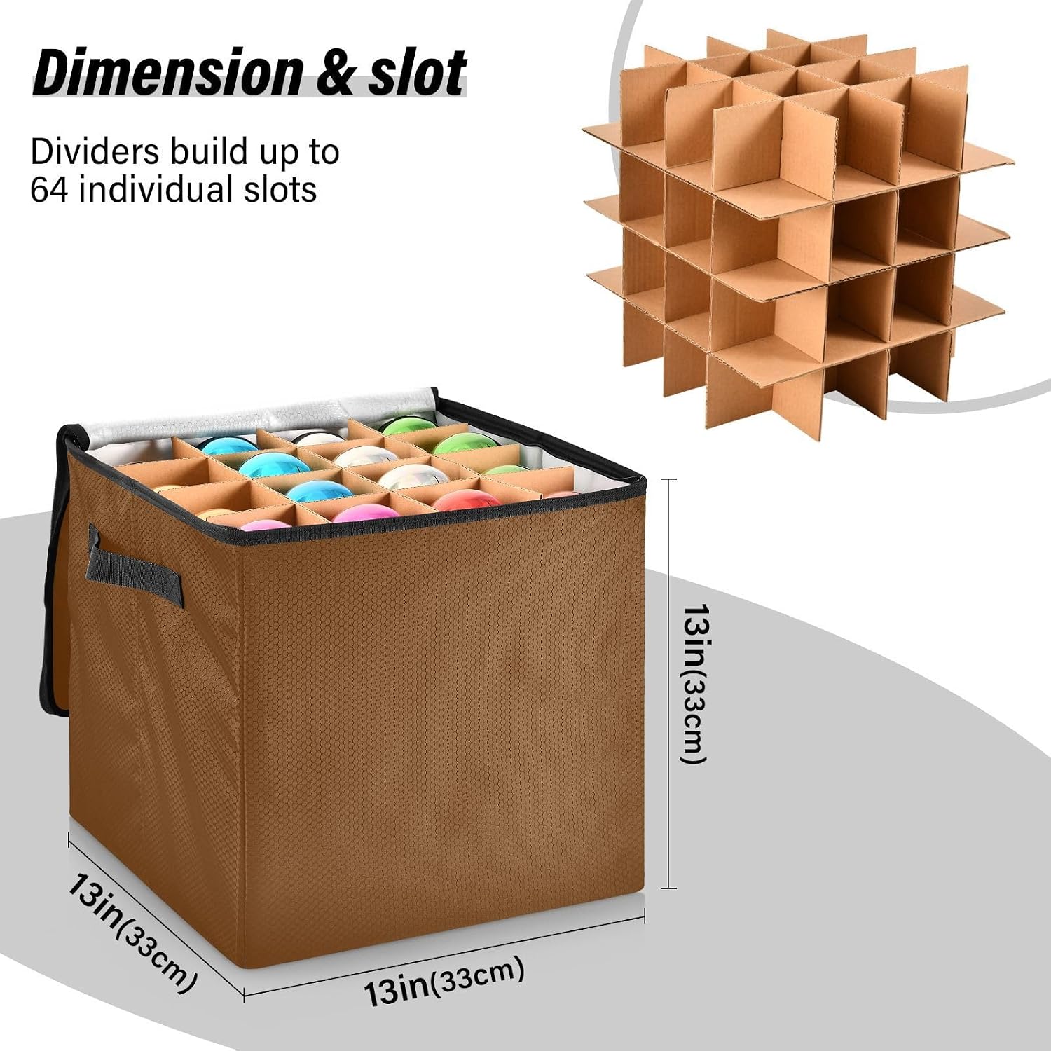 High Capacity Christmas ornament organizer storage Holds Up to 64, Adjustable Dividers, Zippered Top, Two Handles Large Holiday Storage Case with Lid,Caramel Brown