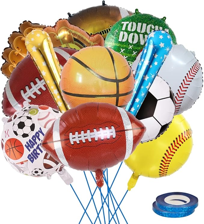 13 Pieces Sports Foil Balloon Set, Baseball Football Basketball Rugby Glove Mylar Aluminum Foil