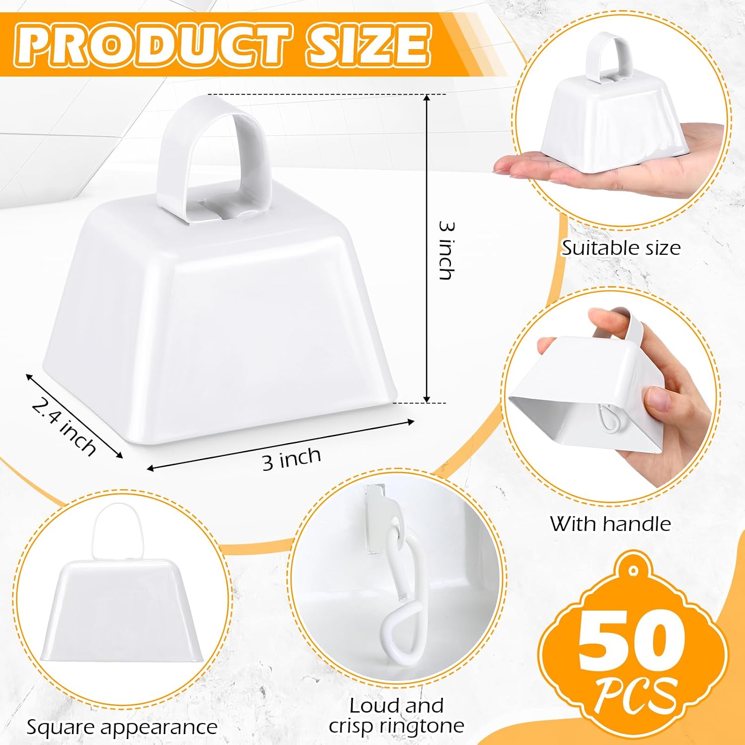 50 Pcs Cowbells Noise Maker with Handle Sporting Event Bells Metal Decorative Cow Bells Hand Percussion Cowbells 3 Inch Small Cow Bell Bulk for Wedding, Football Games, Party (White)