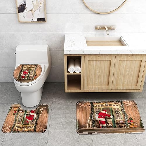Miniatura 2 de Juego de 4 cortinas de ducha navideñas con alfombras, cubierta de tapa de inodoro y tapete de baño, cortina de ducha de Papá Noel con 12 ganchos,