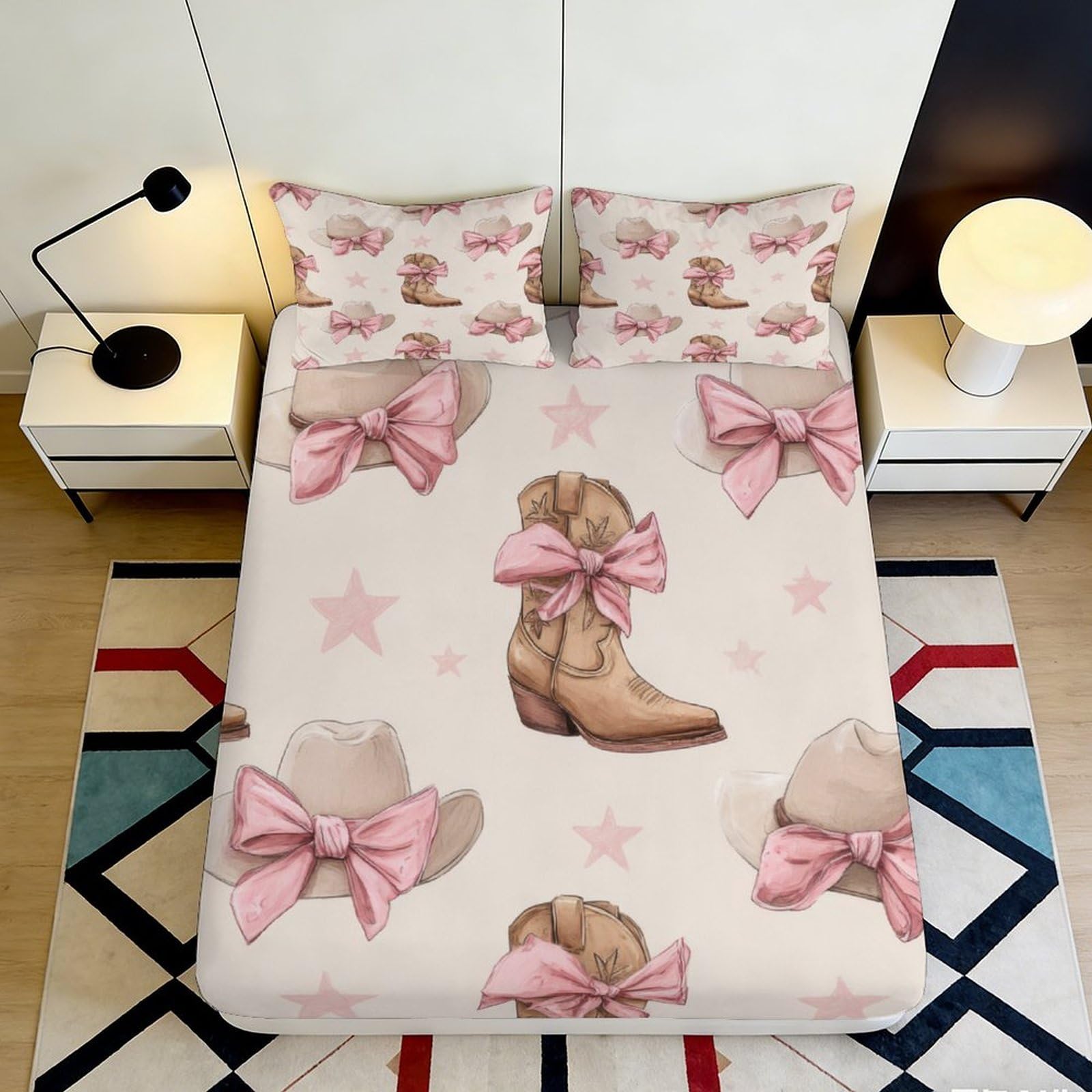 3D Printed Cowboy Hat Fitted Sheet Microfiber Pink Bow Mattress Cover for Bedroom Guest Room Dustproof Decor 160x200x25cm