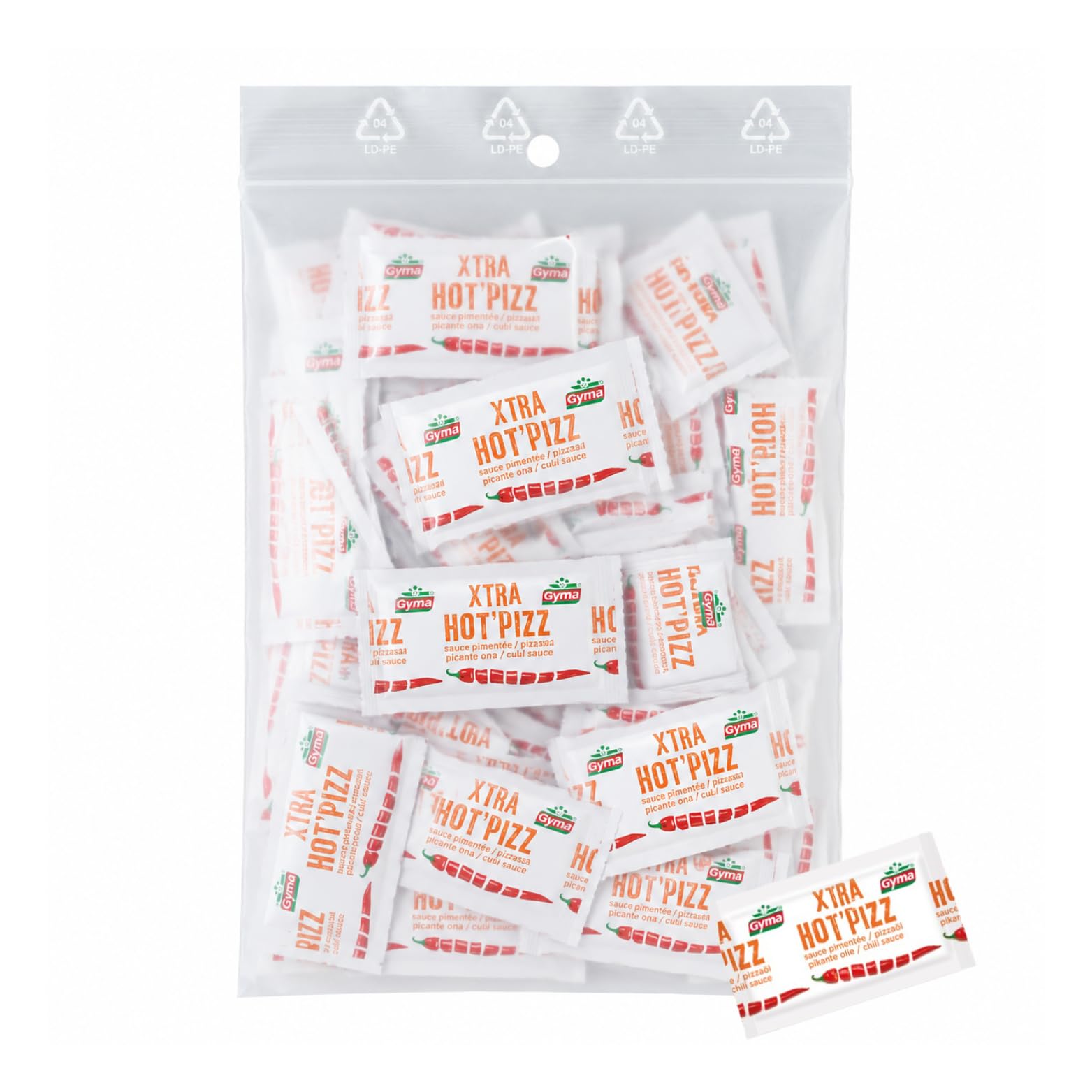 GYMA - 30 sticks de sauce pimentée Hot Pizza - Doses de 4 ml | Idéal restauration, food truck, snack, hôtel - Pratique pour pique-nique, lunch box, repas à emporter et camping