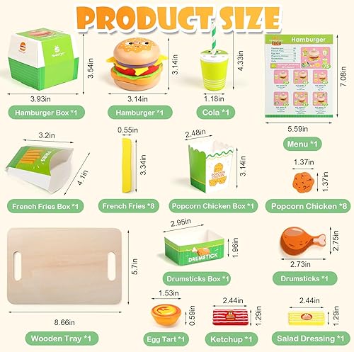 Miniatura 7 de Juego de comida de madera para hamburguesas para niños, juego de comida rápida con bandeja, accesorios de cocina de juego de simulación para niños
