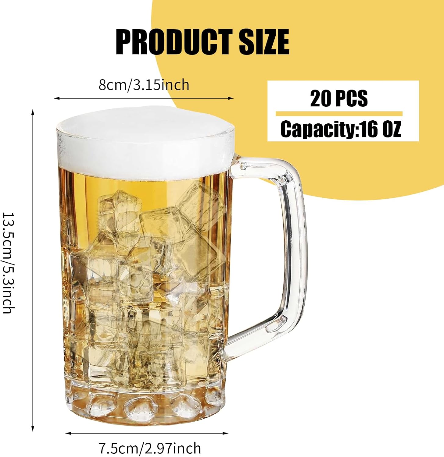 20 Pcs Plastic Beer Mugs with Handles and 20 Stainless Steel Straws, Large Drinking Cups Reusable Clear Beer Stein Glasses Bulk for Bar, Home, and Party Beverages(16 oz)