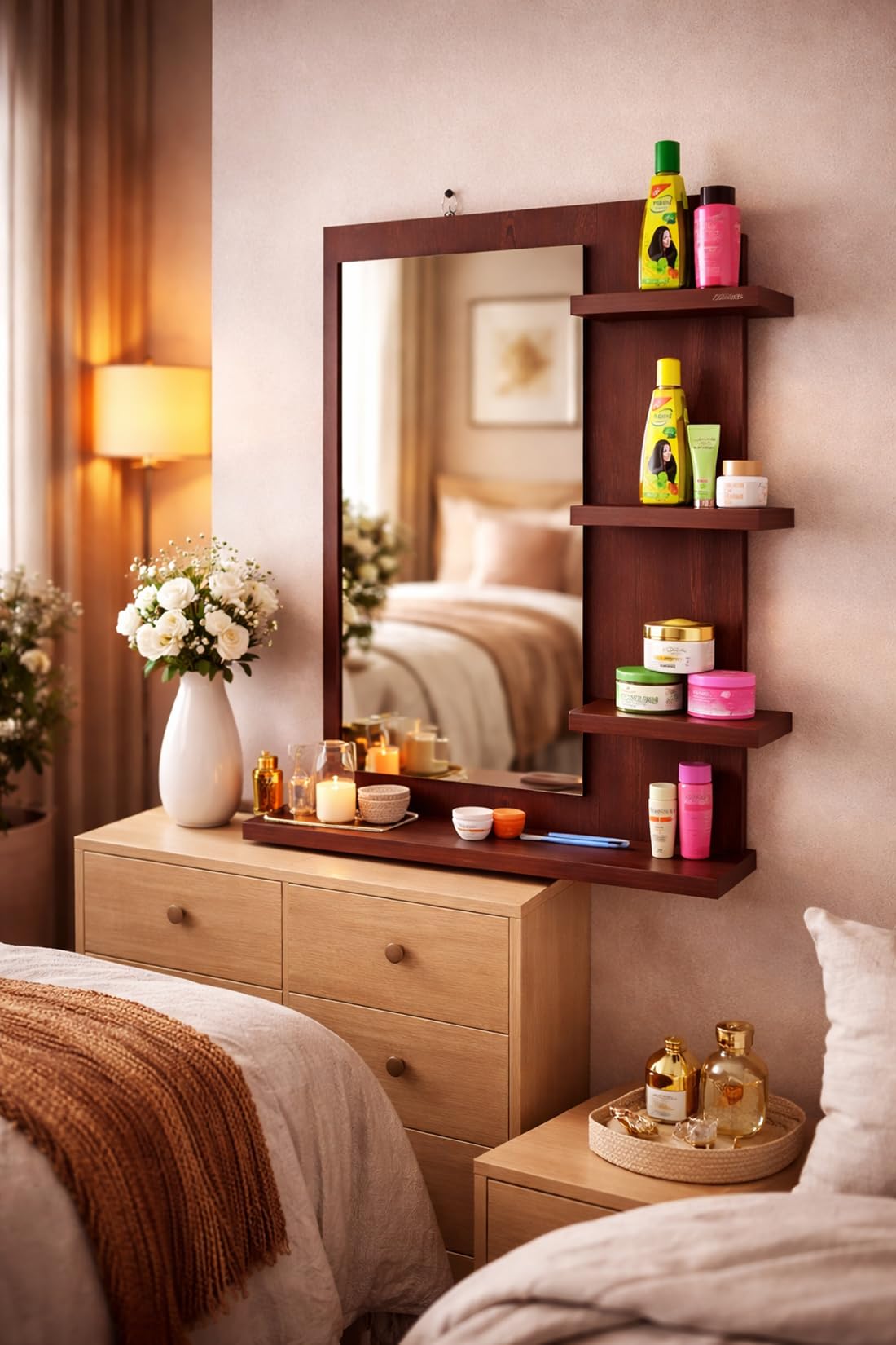 Wall Mounted Dressing Table with Mirror and Storage Shelves, Wenge Brown, Engineered Wood, 70x50x11.5 cm II Bedroom Living Room Wash Basin Bathroom Organiser Hanging Organizer Self-image-43