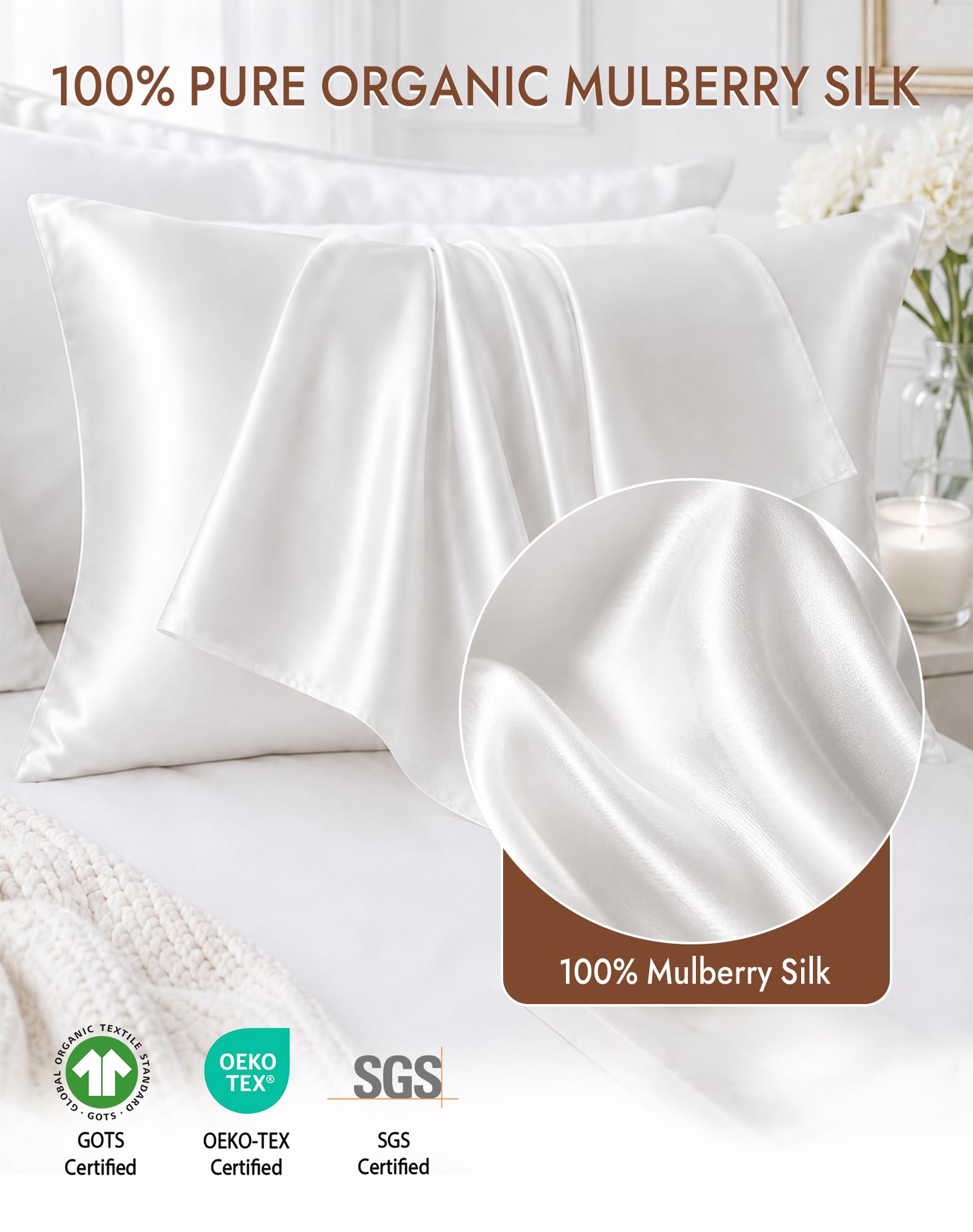 SilkSilky 100% Organic Mulberry Silk Pillow Cases for Hair & Skin Standard