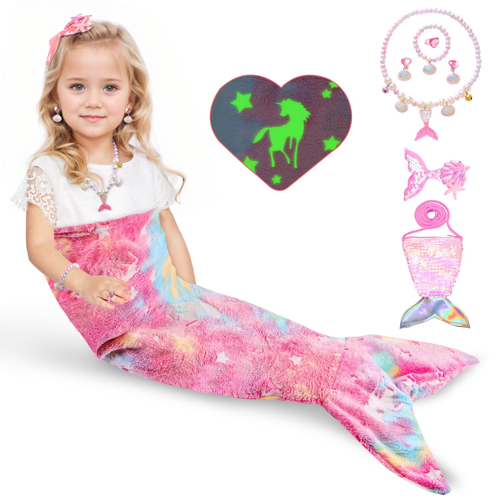 Cyiecw Saco Dormir Niña Manta Infantil Sirena 100x50CM, Aleta de Sirena Niños Manta Resplandor en la Oscuridad, Manta de Franela Sirena con Bolso de Lentejuelas y Accesorios de Joyería de Sirena